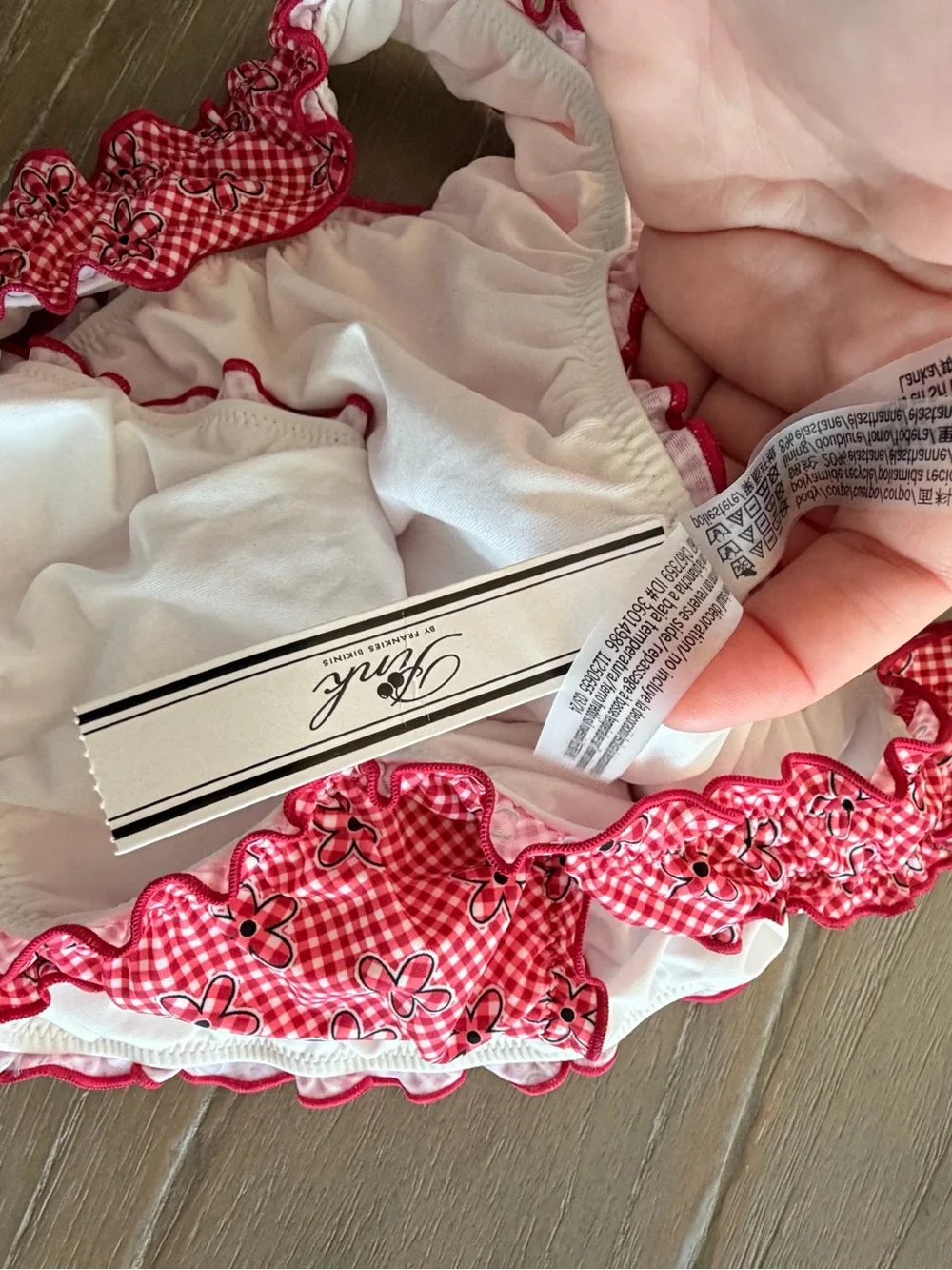 Pink x Frankies Bikinis gingham flower print bikini